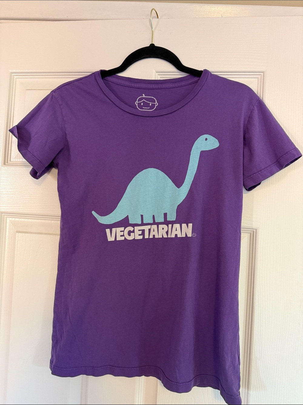 Purple Short Sleeve Tee with Light Blue Dinosaur Graphic - Vegetarian